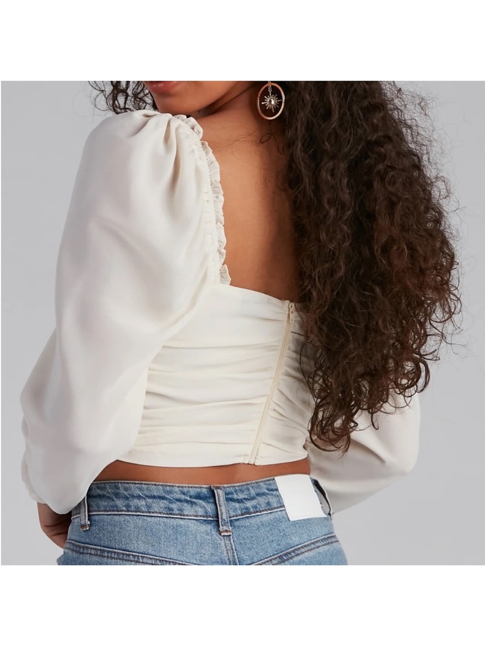 Windsor Cream Ruched Sweetheart Long-Sleeve Crop Top - Picture 6 of 7